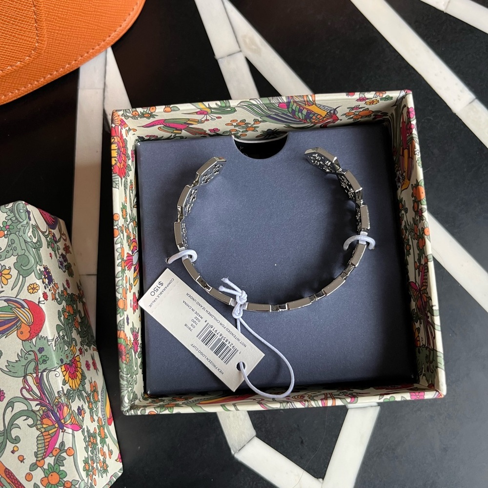 Tory Burch Silver Hexagon Frozen Logo Cuff Bracelet - Picture 3 of 5